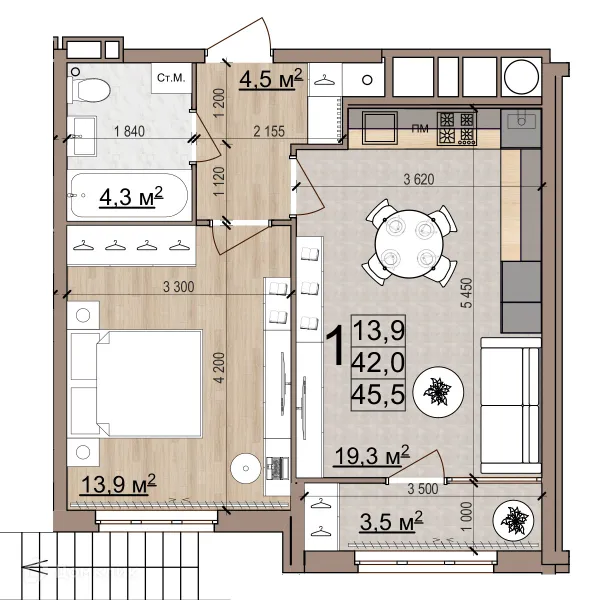 Планировка 1 комн. в ЖК Еврокласс-5