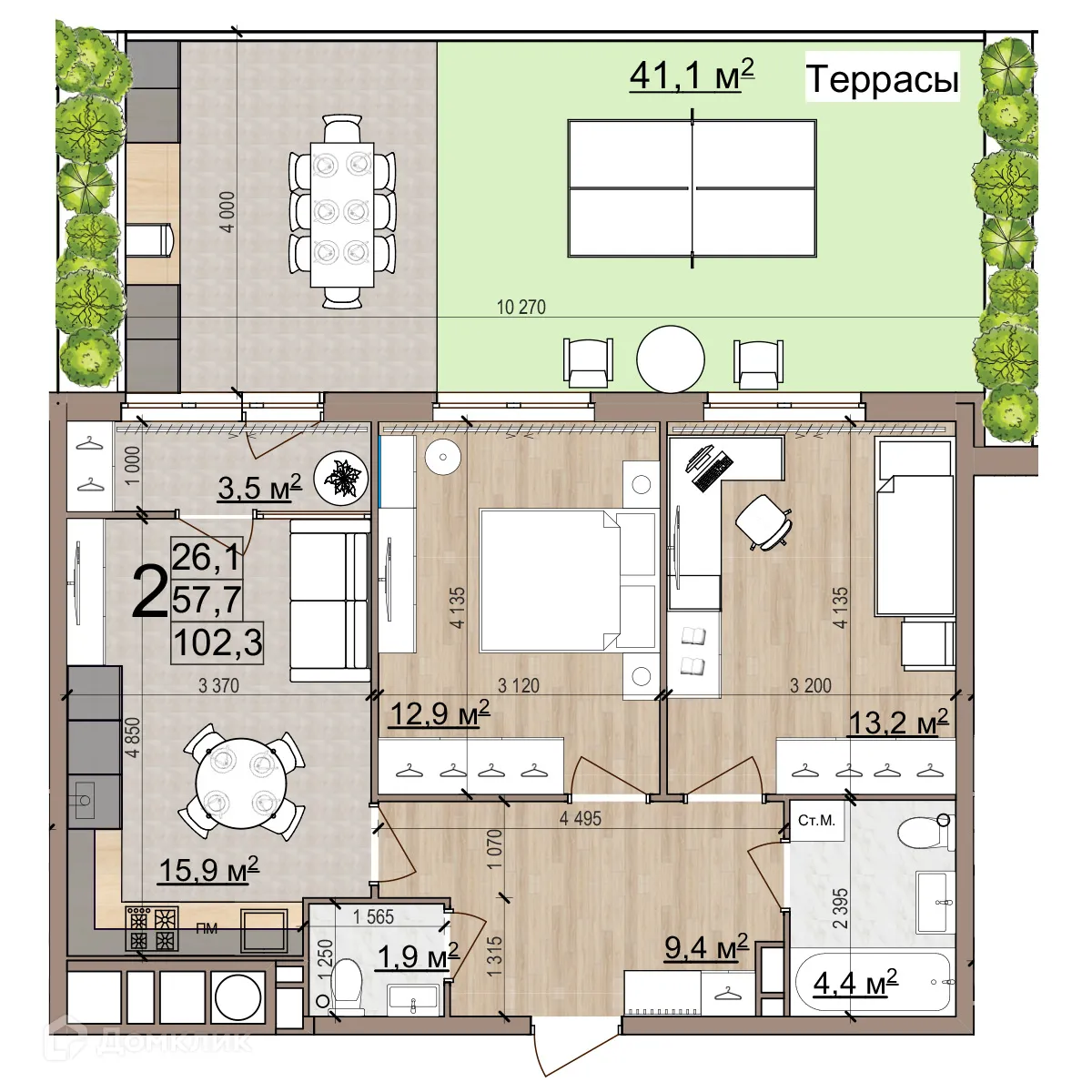 Планировка 2-комнатной квартиры 102 м² в ЖК Еврокласс-5, г. Рязань — фото 3