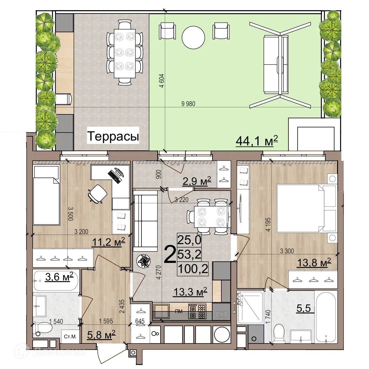 Планировка 2-комнатной квартиры 99.3 м² в ЖК Еврокласс-5, г. Рязань — фото 3