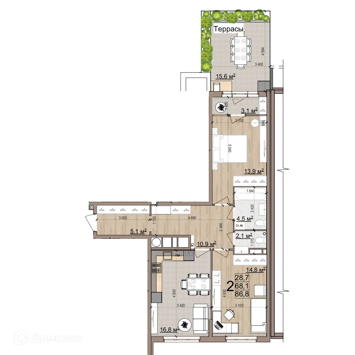 Планировка 2-комнатной квартиры 85.7 м² в ЖК Еврокласс-5, г. Рязань — фото 3