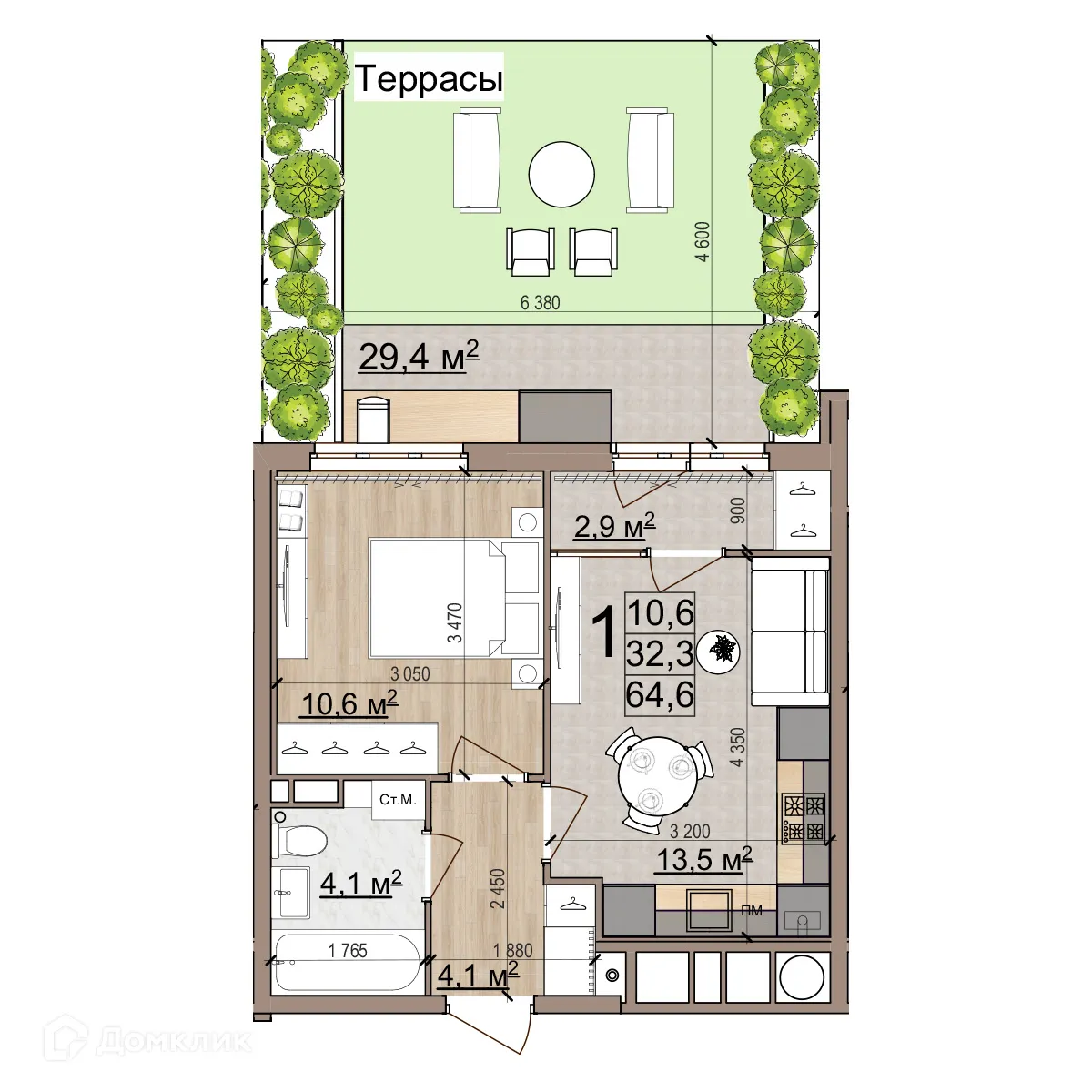 Планировка 1-комнатной квартиры 64.8 м² в ЖК Еврокласс-5, г. Рязань — фото 3