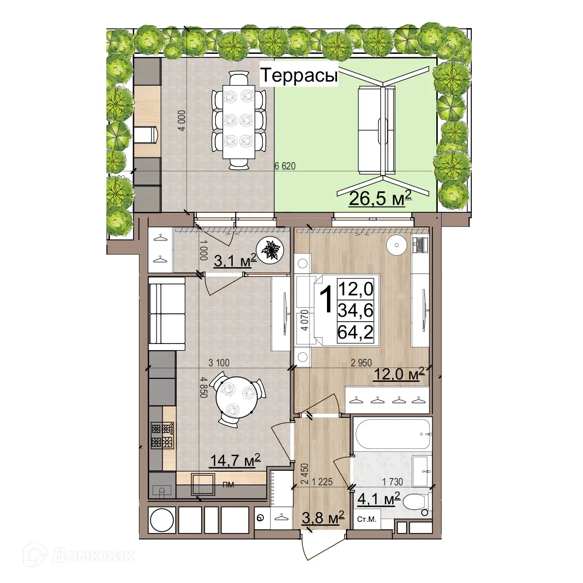 Планировка 1-комнатной квартиры 64 м² в ЖК Еврокласс-5, г. Рязань — фото 1