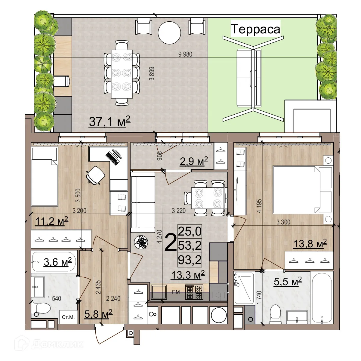 Планировка 2-комнатной квартиры 92.3 м² в ЖК Еврокласс-5, г. Рязань — фото 3