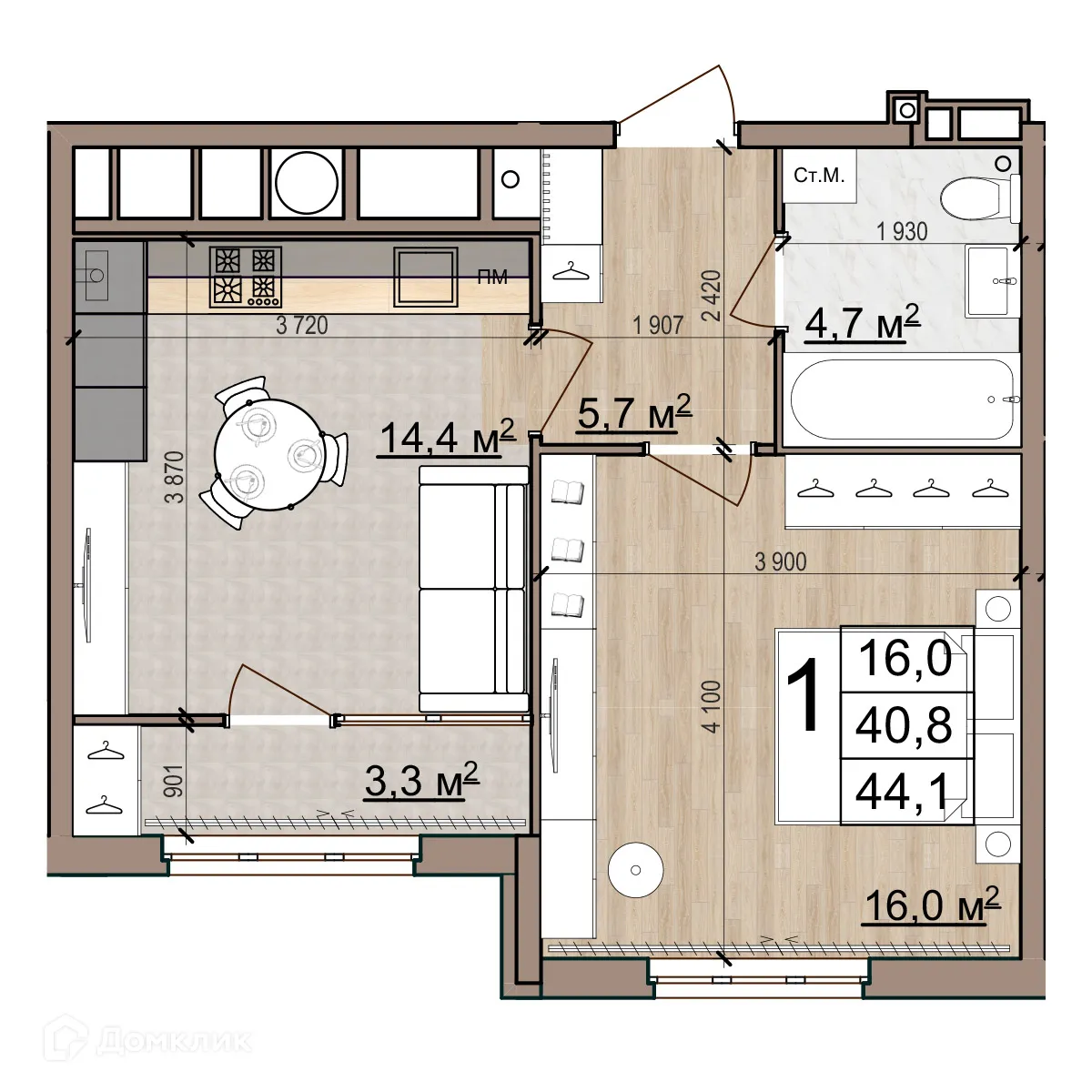 Планировка 1-комнатной квартиры 43.6 м² в ЖК Еврокласс-5, г. Рязань — фото 1