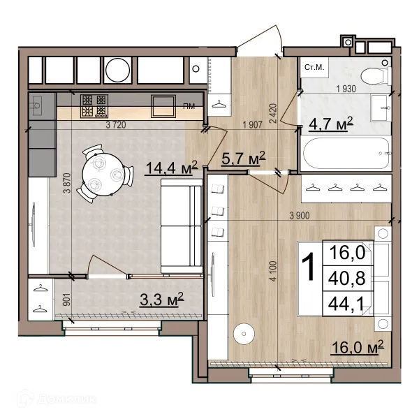 Планировка 1 комн. в ЖК Еврокласс-5