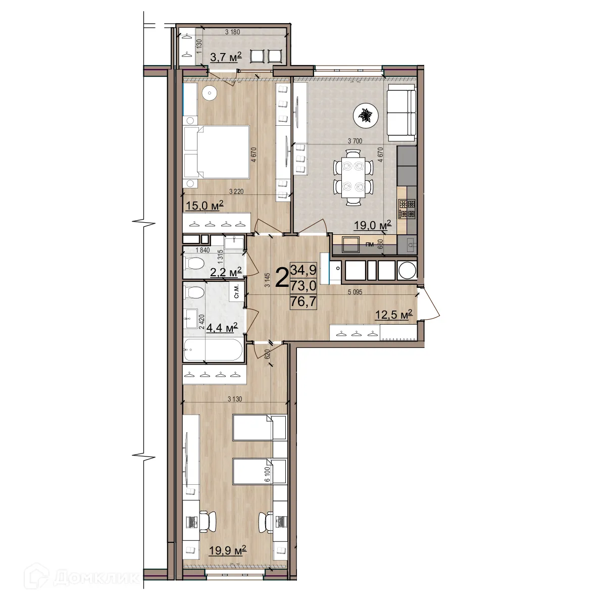Планировка 2-комнатной квартиры 76.7 м² в ЖК Еврокласс-5, г. Рязань — фото 3