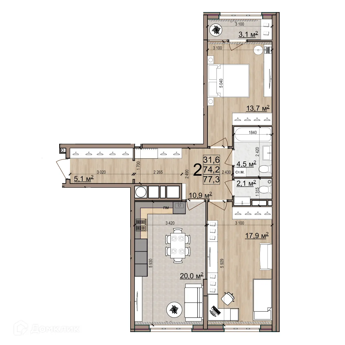 Планировка 2-комнатной квартиры 76.6 м² в ЖК Еврокласс-5, г. Рязань — фото 3