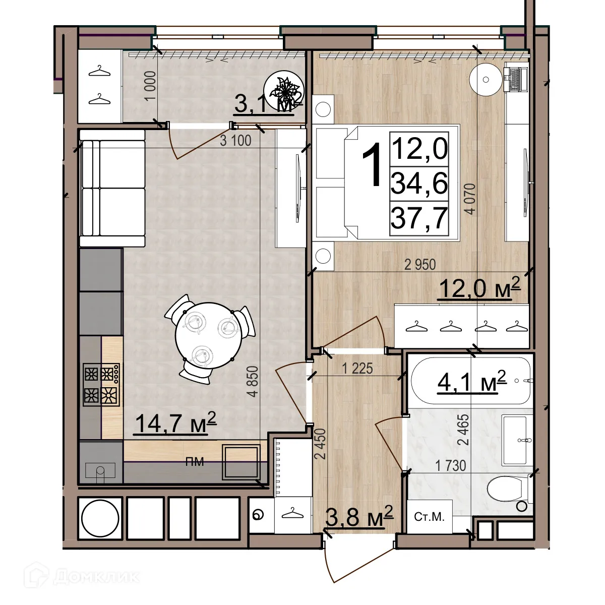 Планировка 1-комнатной квартиры 37.9 м² в ЖК Еврокласс-5, г. Рязань — фото 1