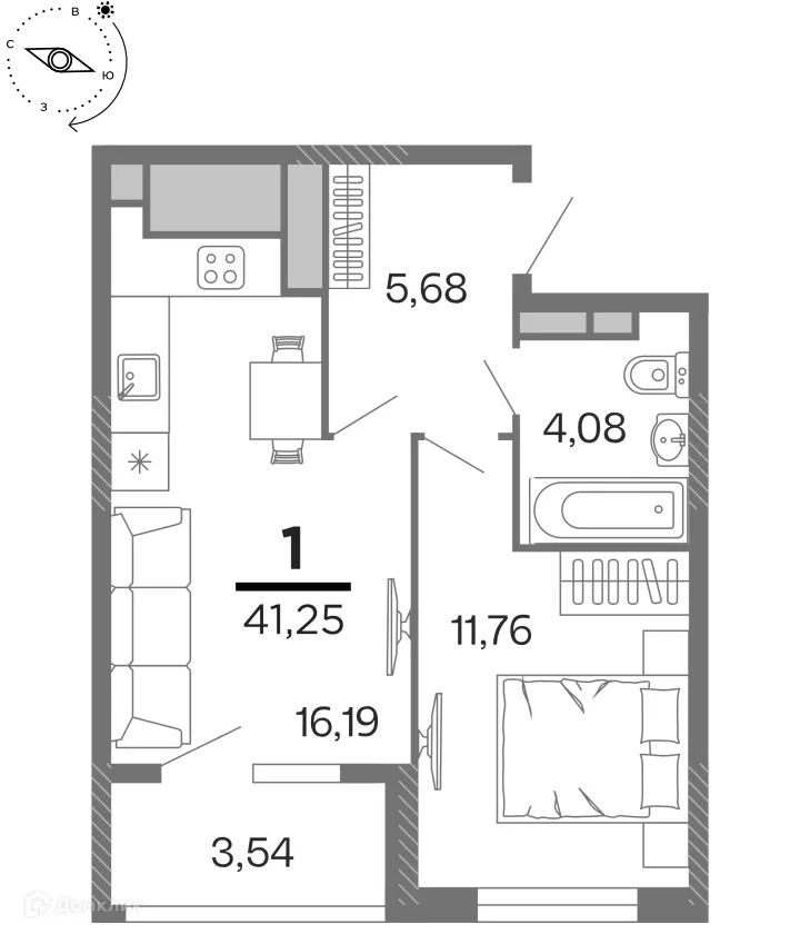 Планировка 1-комнатной квартиры 41.25 м² в ЖК "Бирюзова Парк", г. Рязань — фото 1
