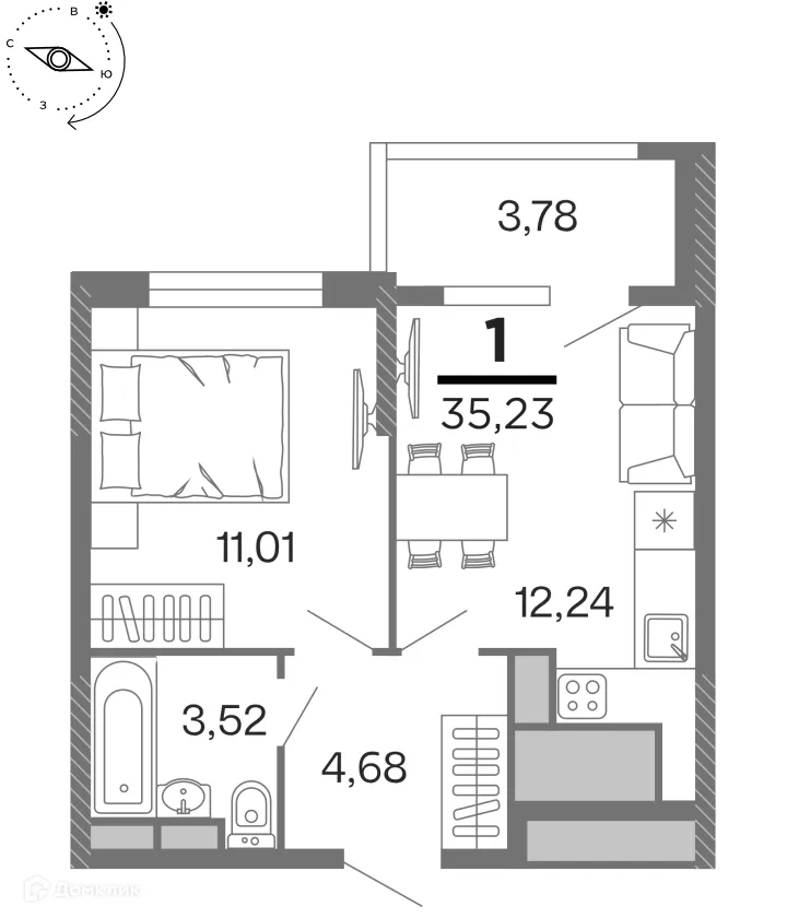 Планировка 1-комнатной квартиры 35.23 м² в ЖК "Бирюзова Парк", г. Рязань — фото 1