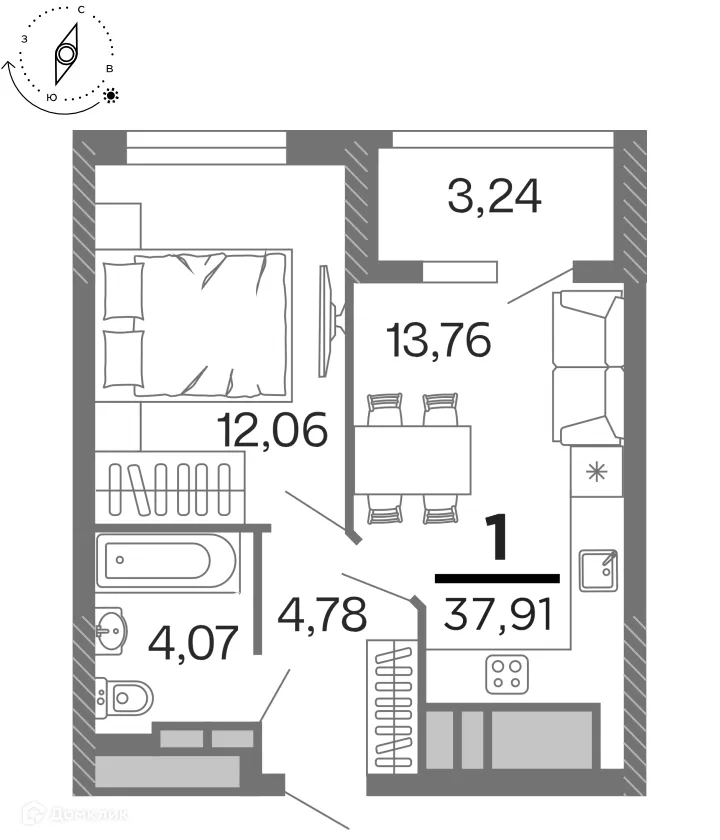 Планировка 1-комнатной квартиры 37.91 м² в ЖК "Бирюзова Парк", г. Рязань — фото 1