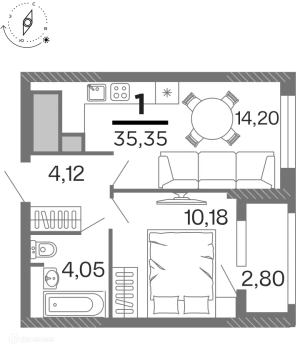 Планировка 1 комн. в ЖК "Бирюзова Парк"