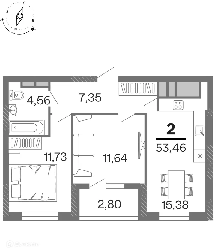 Планировка 2-комнатной квартиры 53.46 м² в ЖК "Бирюзова Парк", г. Рязань — фото 1