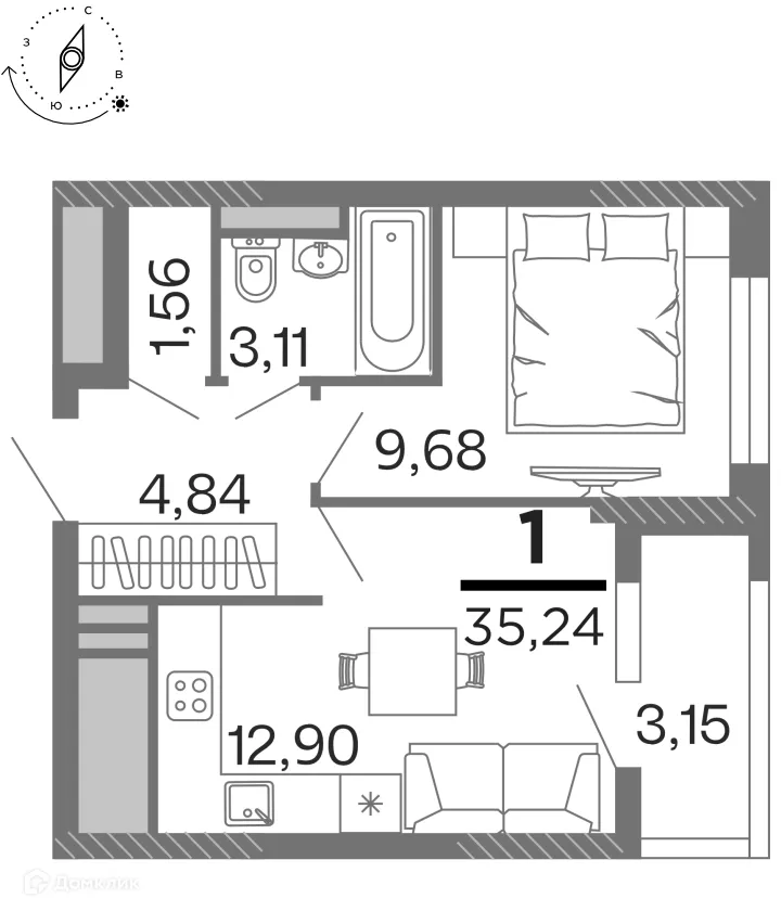 Планировка 1-комнатной квартиры 35.24 м² в ЖК "Бирюзова Парк", г. Рязань — фото 1