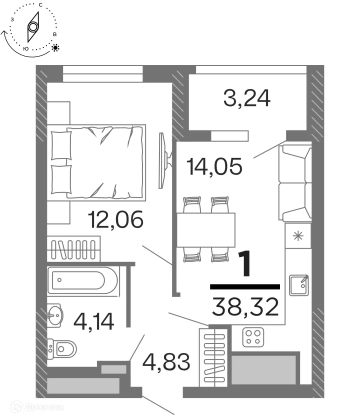 Планировка 1-комнатной квартиры 38.32 м² в ЖК "Бирюзова Парк", г. Рязань — фото 1