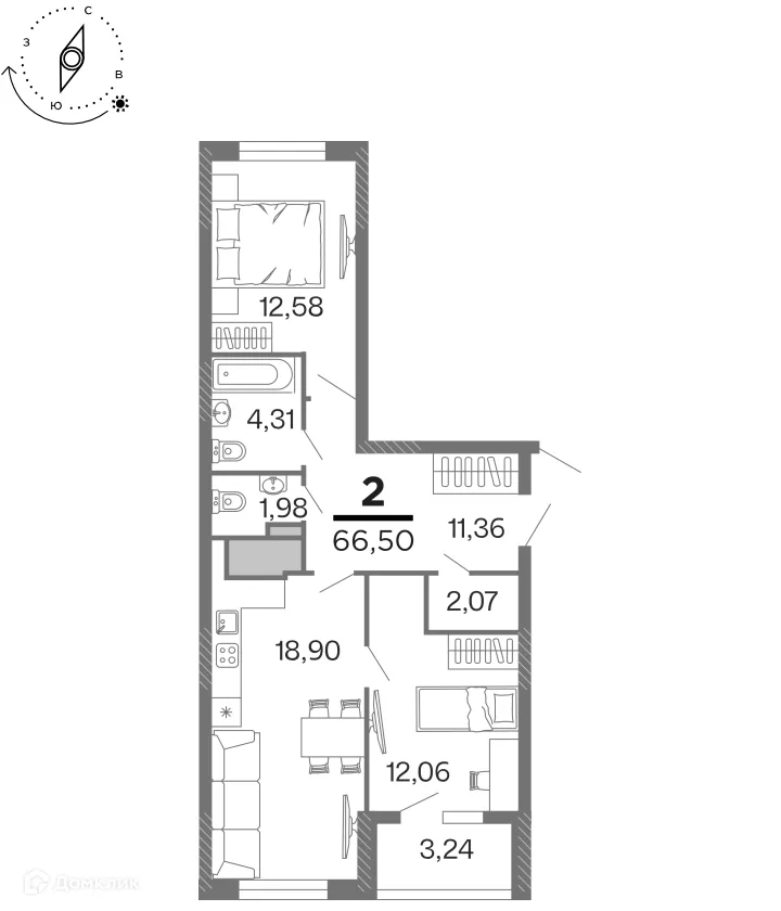 Планировка 2-комнатной квартиры 66.5 м² в ЖК "Бирюзова Парк", г. Рязань — фото 1