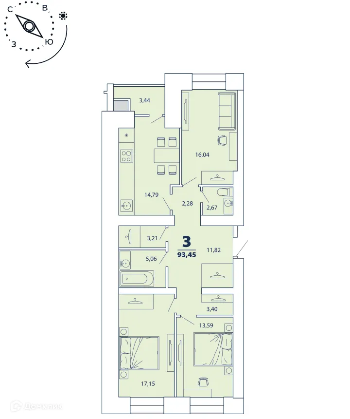 Планировка 3-комнатной квартиры 93.45 м² в ЖК "Бирюзова Парк", г. Рязань — фото 1
