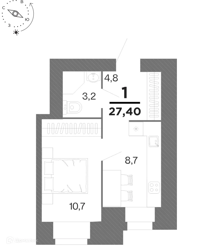 Планировка 1-комнатной квартиры 27.4 м² в ЖК "Бирюзова Парк", г. Рязань — фото 1