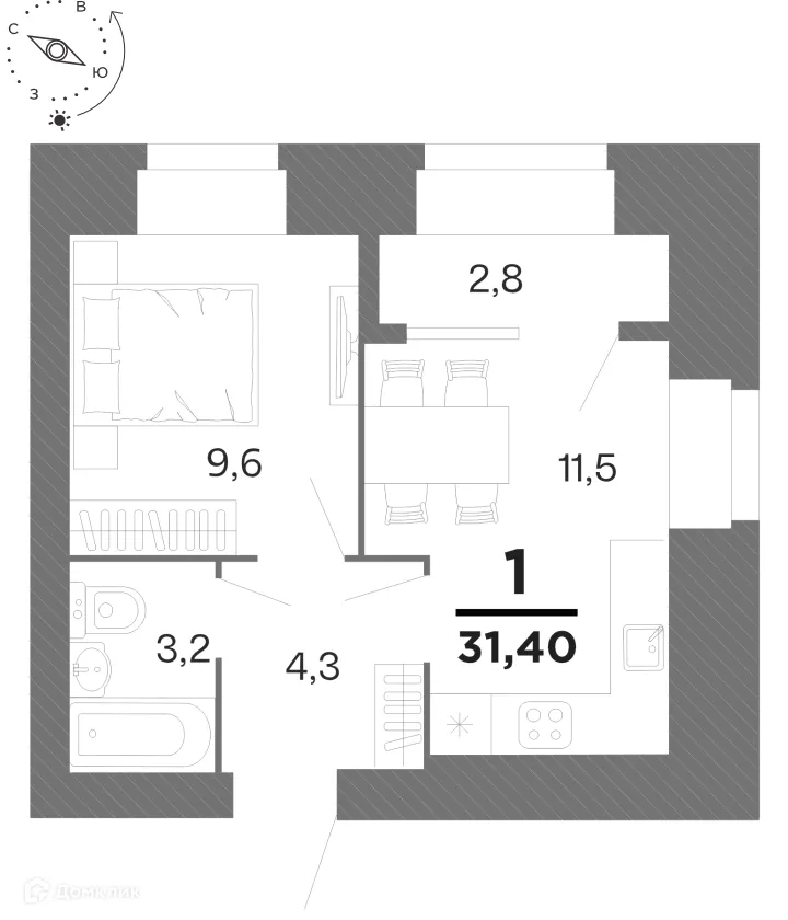 Планировка 1-комнатной квартиры 31.4 м² в ЖК "Бирюзова Парк", г. Рязань — фото 1
