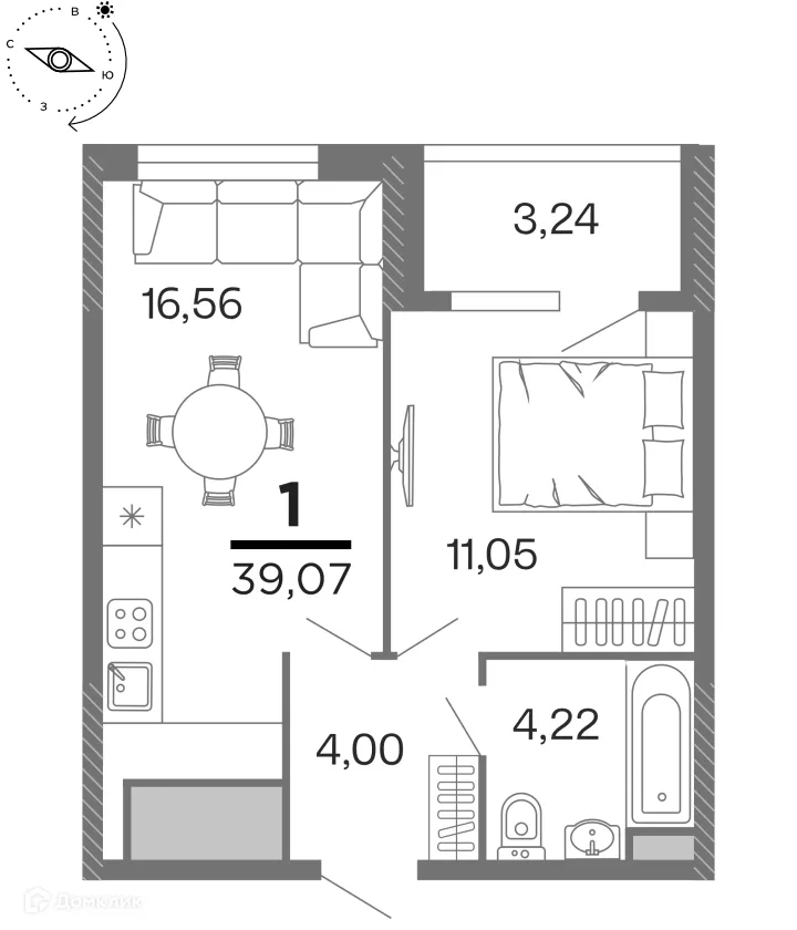 Планировка 1-комнатной квартиры 39.07 м² в ЖК "Бирюзова Парк", г. Рязань — фото 1