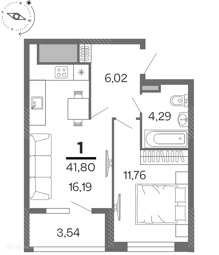 Планировка 1-комнатной квартиры 41.8 м² в ЖК "Бирюзова Парк", г. Рязань — фото 1