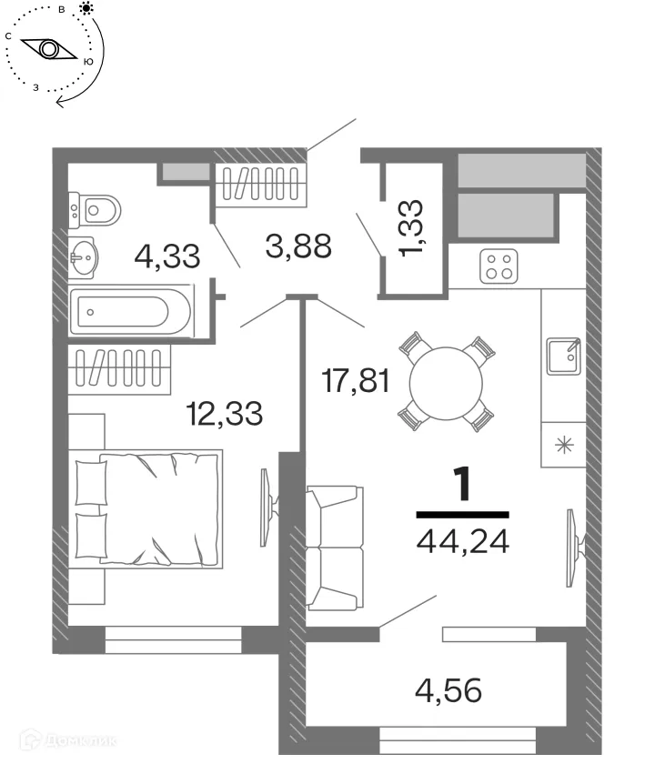 Планировка 1-комнатной квартиры 44.24 м² в ЖК "Бирюзова Парк", г. Рязань — фото 1