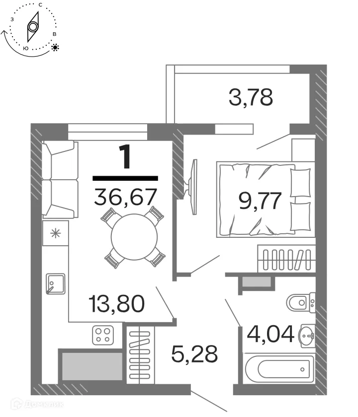Планировка 1-комнатной квартиры 36.67 м² в ЖК "Бирюзова Парк", г. Рязань — фото 1
