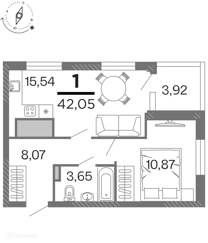 Планировка 1-комнатной квартиры 42.05 м² в ЖК "Бирюзова Парк", г. Рязань — фото 1