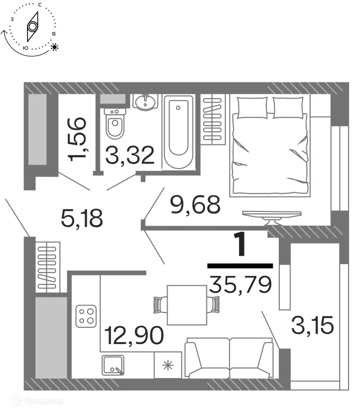 Планировка 1-комнатной квартиры 35.79 м² в ЖК "Бирюзова Парк", г. Рязань — фото 1