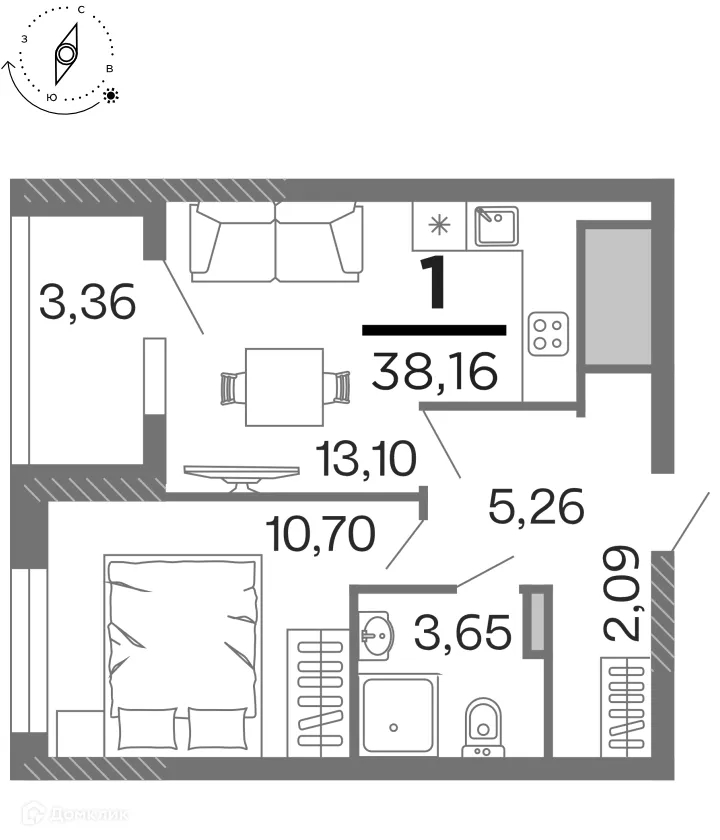 Планировка 1-комнатной квартиры 38.16 м² в ЖК "Бирюзова Парк", г. Рязань — фото 1