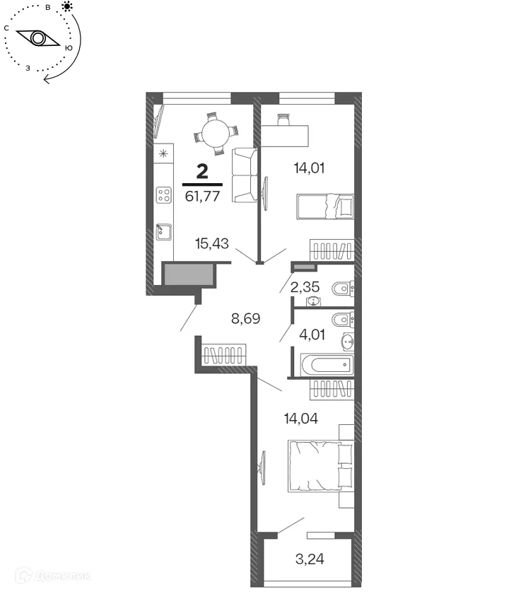Планировка 2-комнатной квартиры 61.77 м² в ЖК "Бирюзова Парк", г. Рязань — фото 1