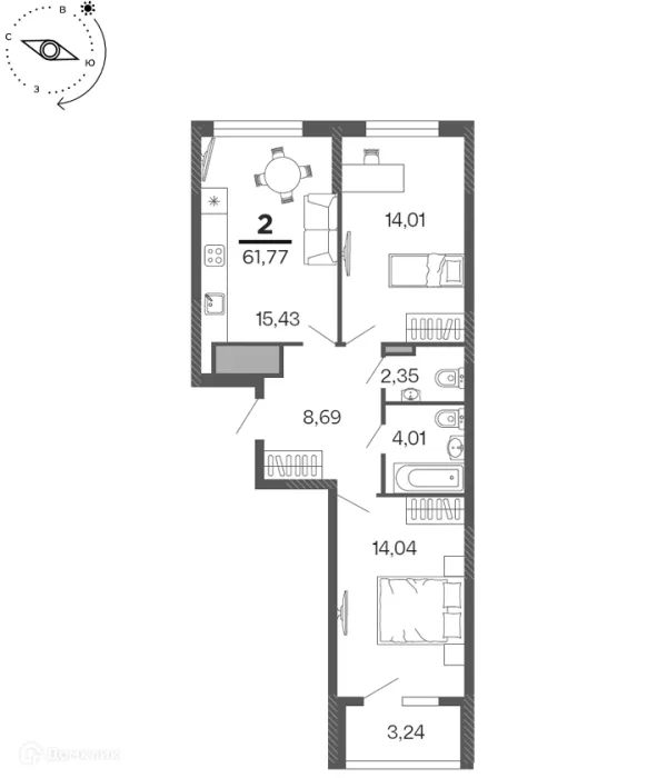 Планировка 2 комн. в ЖК "Бирюзова Парк"