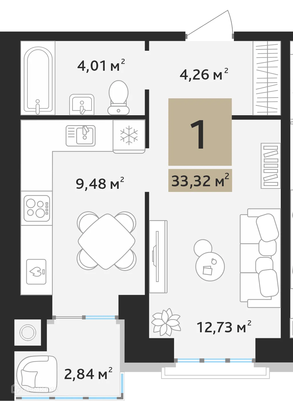 Планировка 1-комнатной квартиры 33.32 м² в ЖК Ривьера, г. Дядьково — фото 2