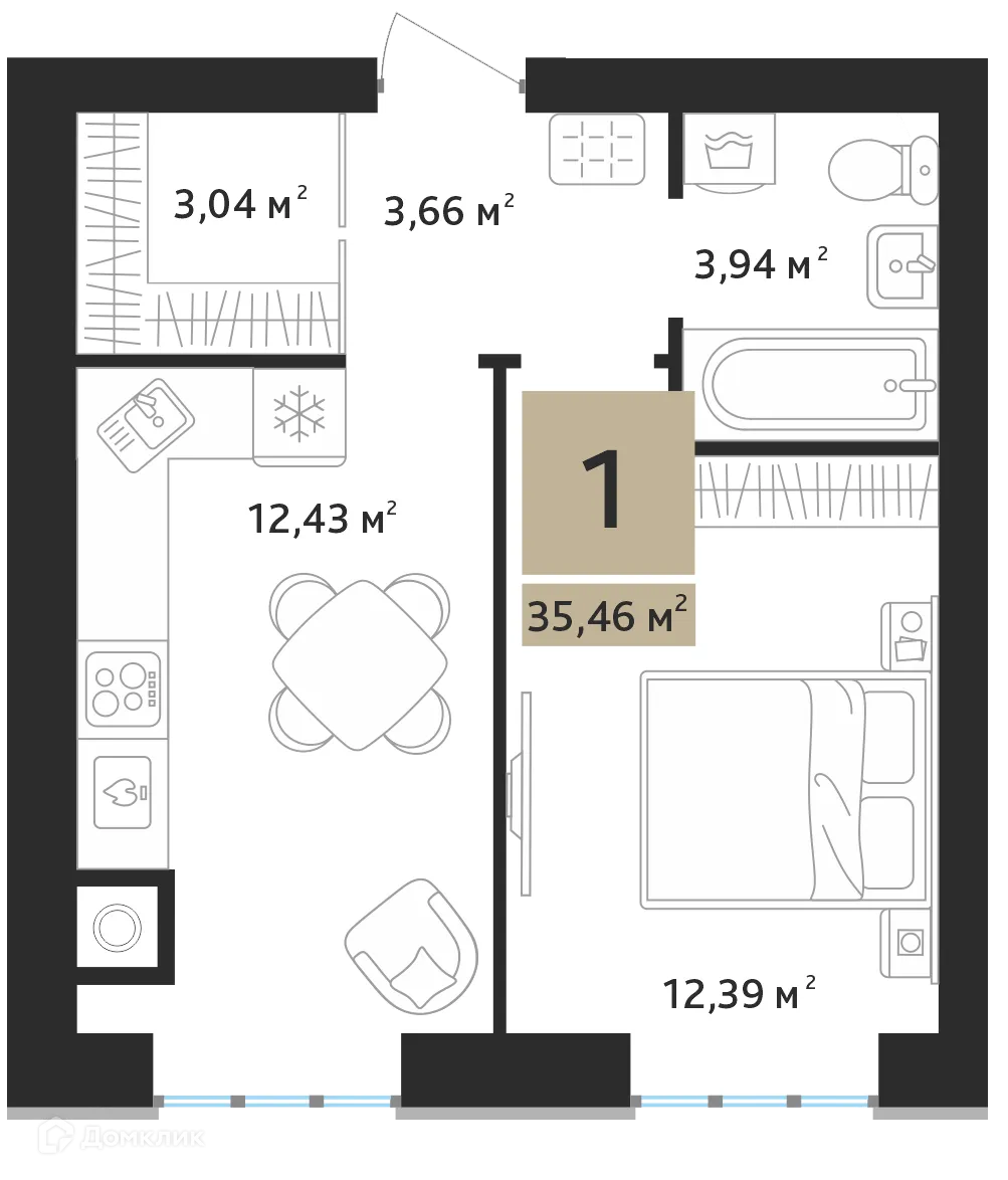 Планировка 1-комнатной квартиры 35.46 м² в ЖК Ривьера, г. Дядьково — фото 2