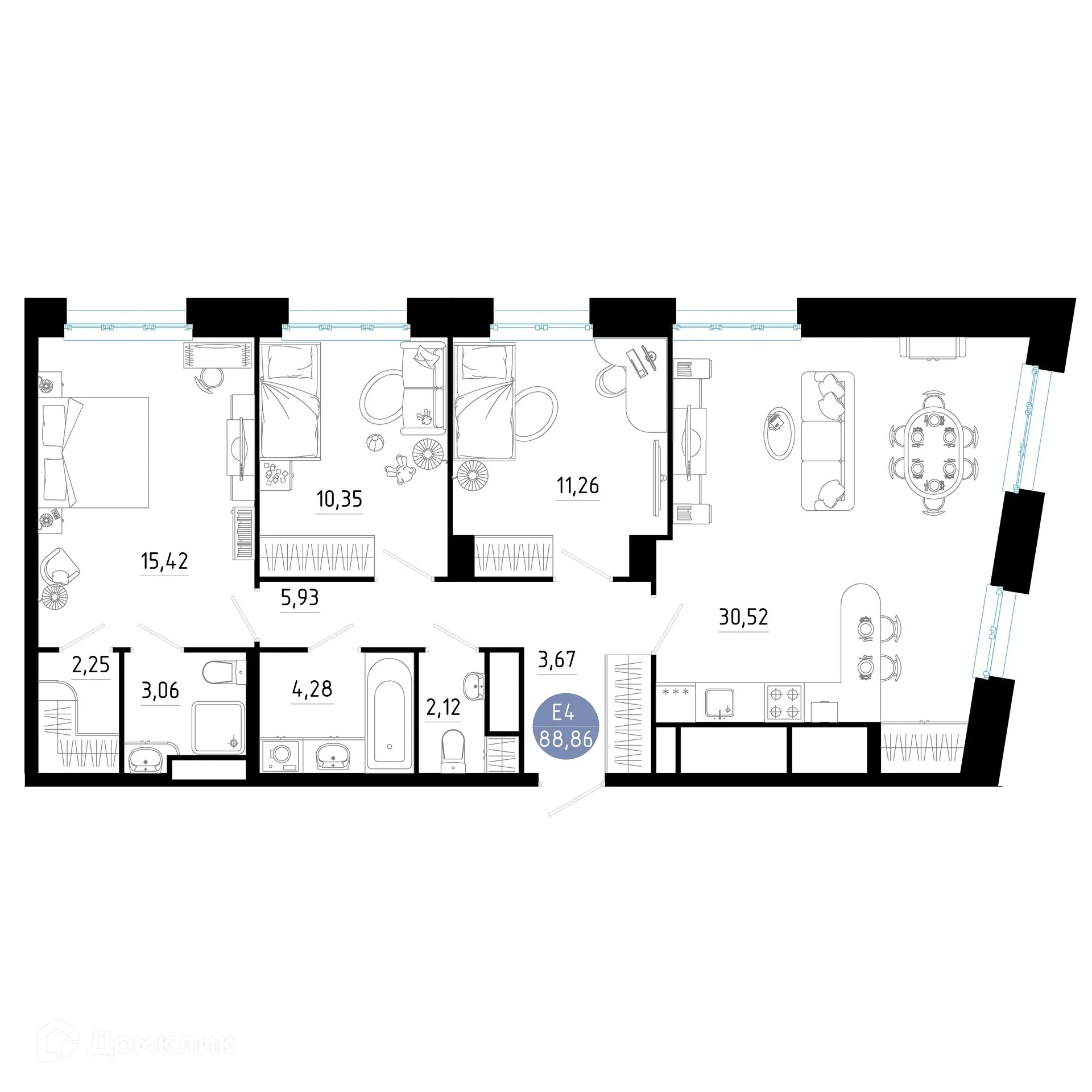 Планировка 3-комнатной квартиры 88.86 м² в ЖК РОЩА, г. Рязань — фото 33