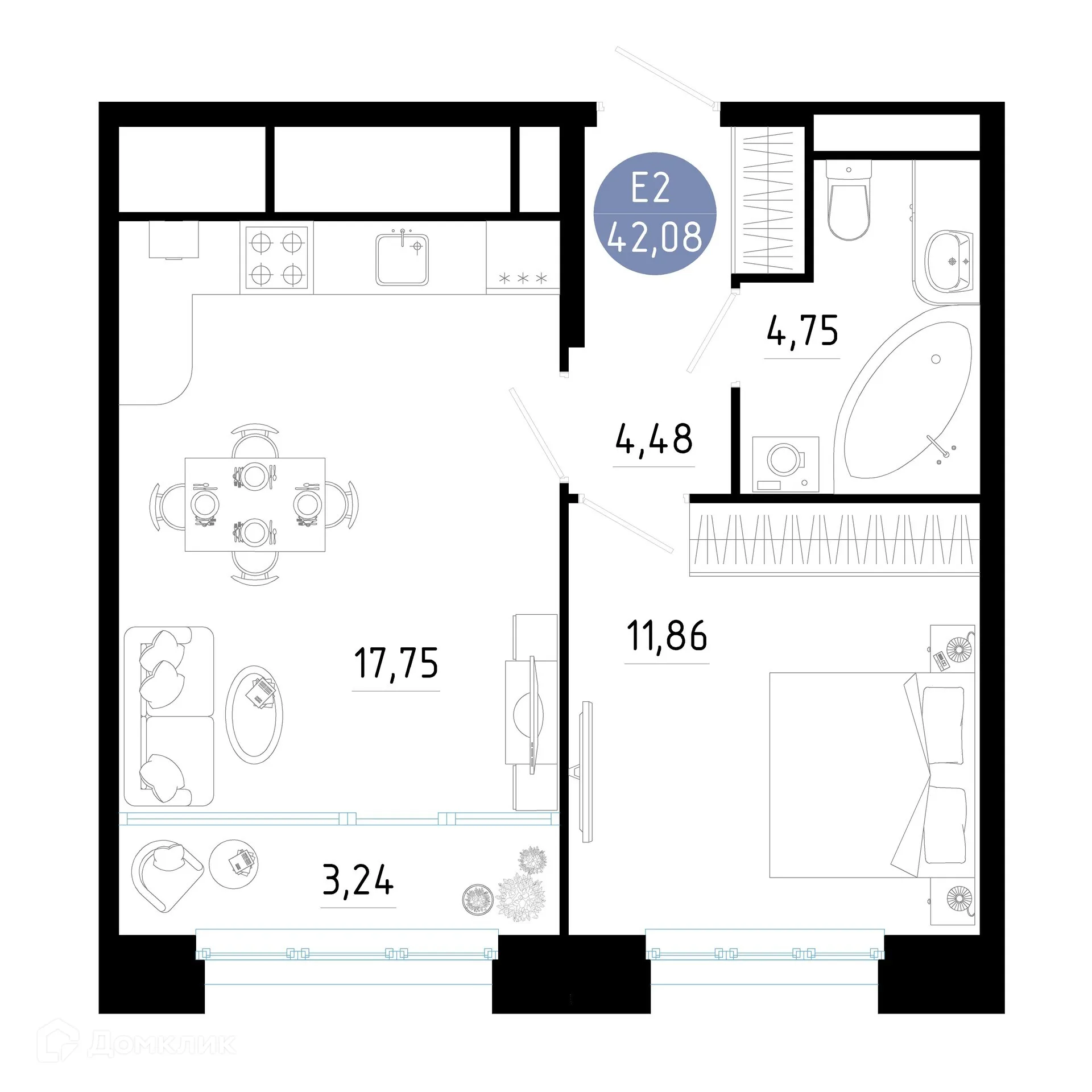 Планировка 1-комнатной квартиры 42.08 м² в ЖК РОЩА, г. Рязань — фото 31