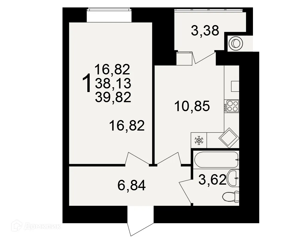 Планировка 1-комнатной квартиры 39.82 м² в ЖК Видный, г. Рязань — фото 2