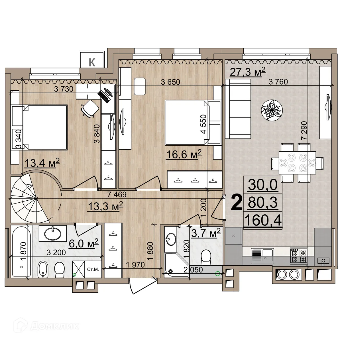 Планировка 2-комнатной квартиры 158.3 м² в ЖК Pride Park (Прайд Парк), г. Рязань — фото 3