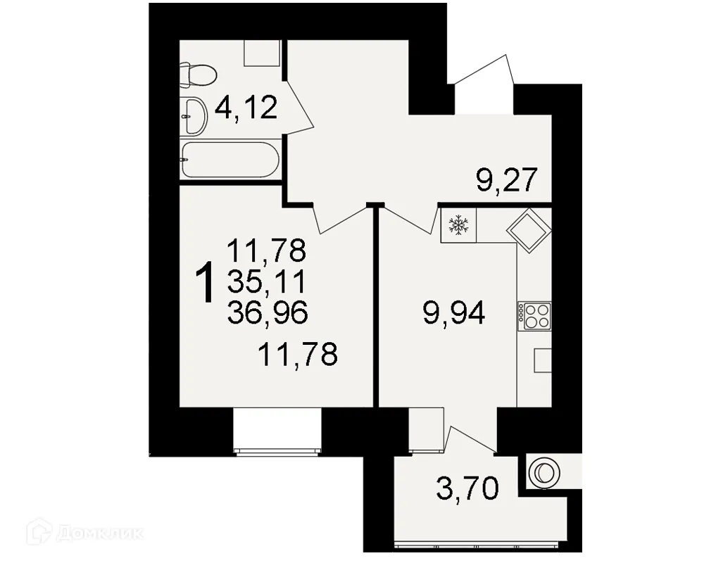 Планировка 1-комнатной квартиры 36.96 м² в ЖК Видный, г. Рязань — фото 2