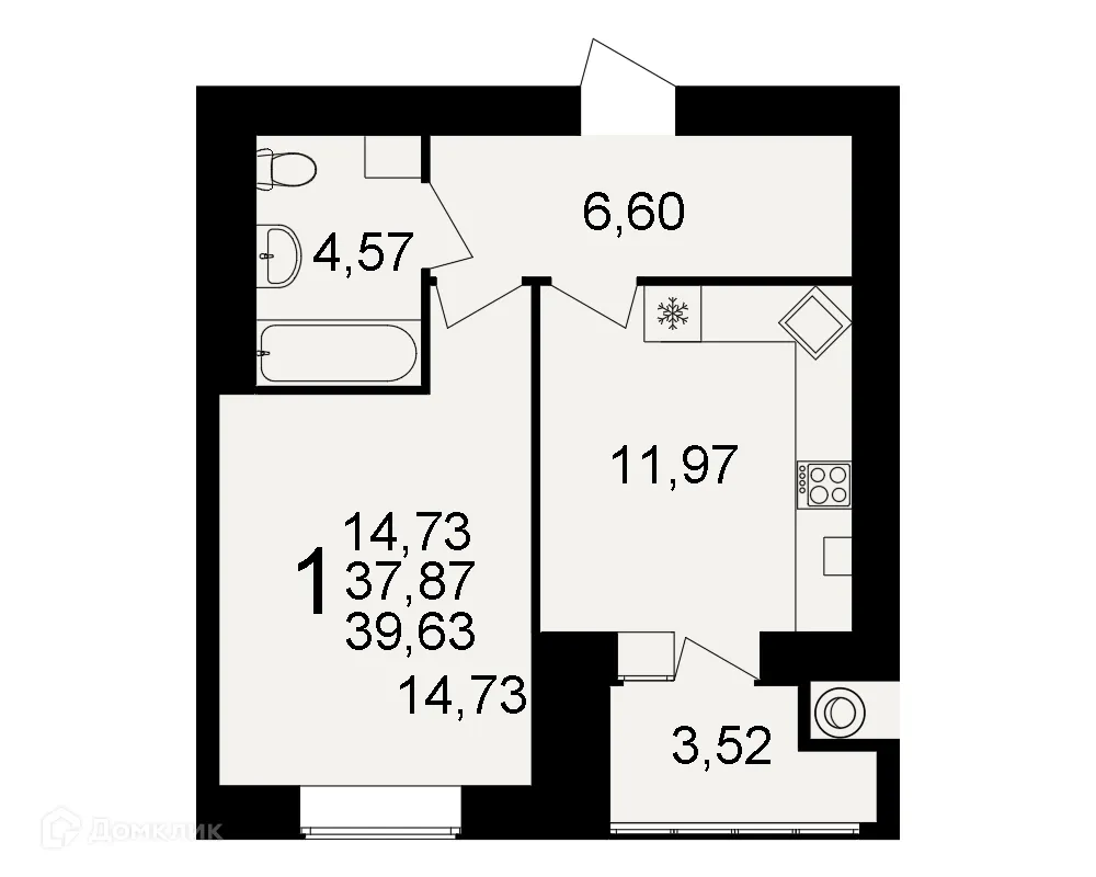 Планировка 1-комнатной квартиры 39.63 м² в ЖК Видный, г. Рязань — фото 1