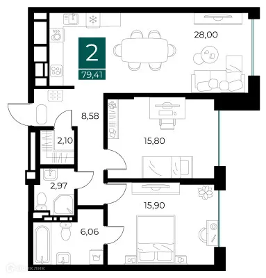 Планировка 2-комнатной квартиры 79.41 м² в ЖК Арт-кварталы, г. Рязань — фото 3