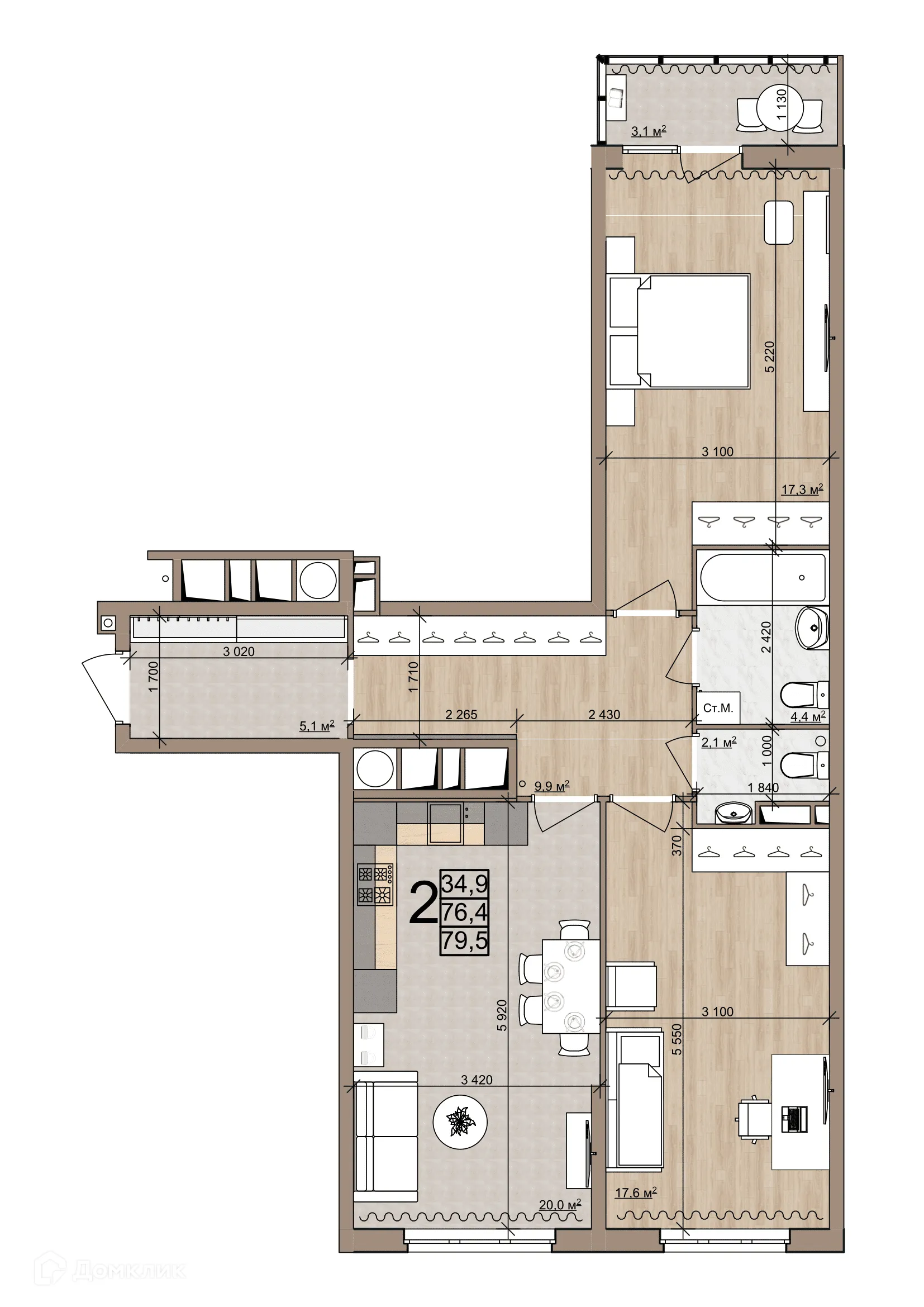 Планировка 2-комнатной квартиры 79.5 м² в ЖК Еврокласс-4, г. Рязань — фото 3