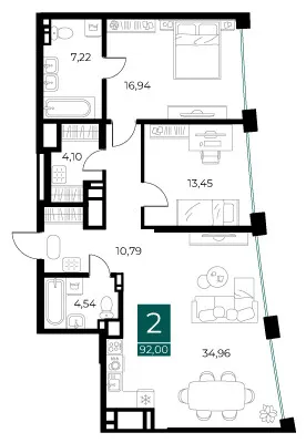 Планировка 2-комнатной квартиры 92 м² в ЖК Арт-кварталы, г. Рязань — фото 3