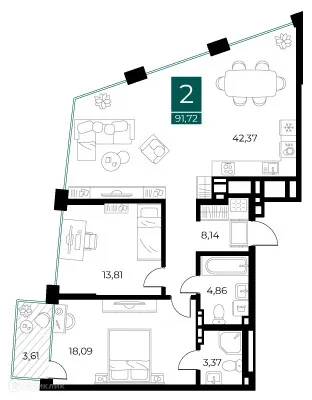 Планировка 2-комнатной квартиры 91.72 м² в ЖК Арт-кварталы, г. Рязань — фото 3