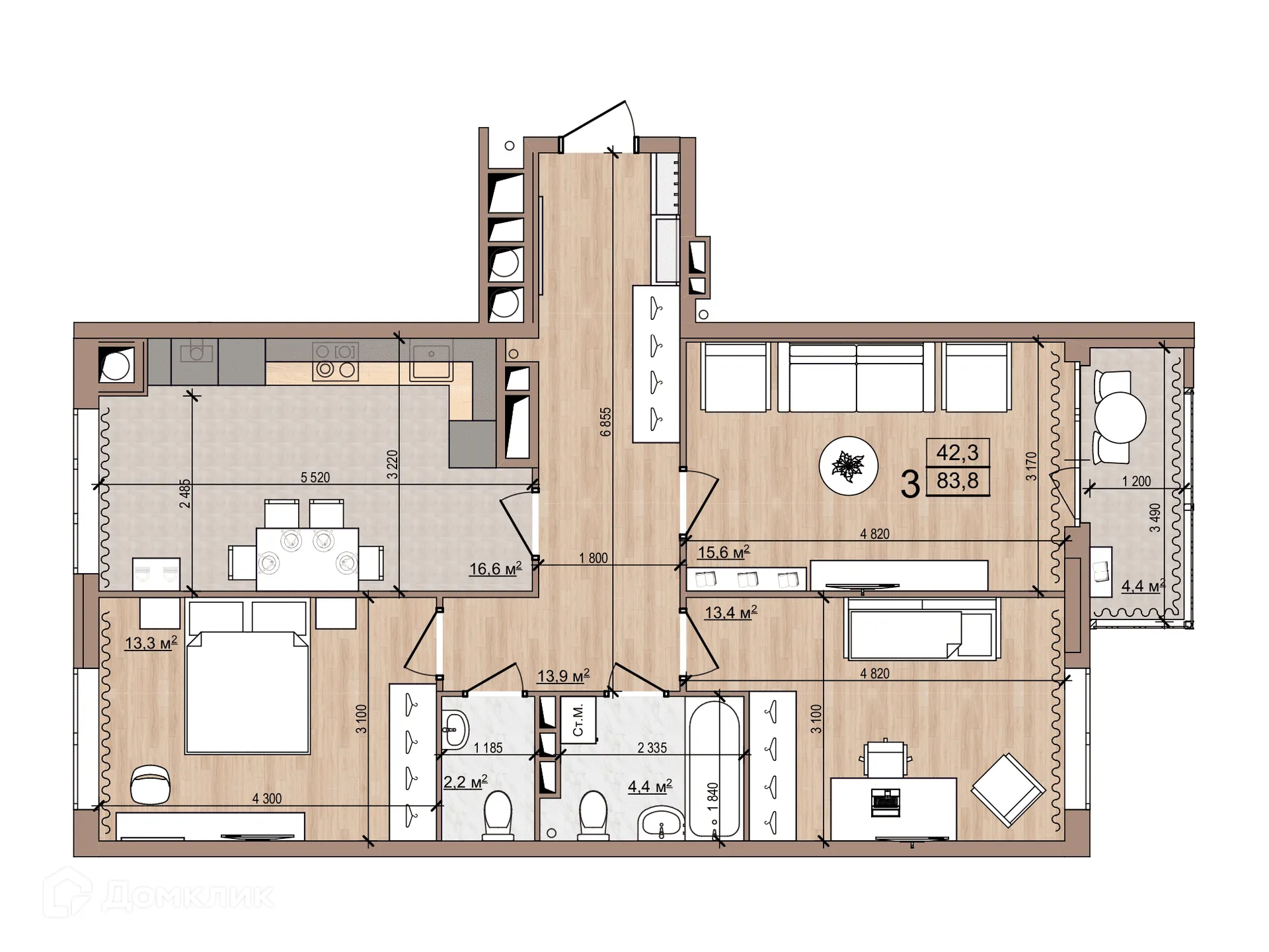 Планировка 3-комнатной квартиры 83.8 м² в ЖК Skyline (Скайлайн), г. Рязань — фото 3
