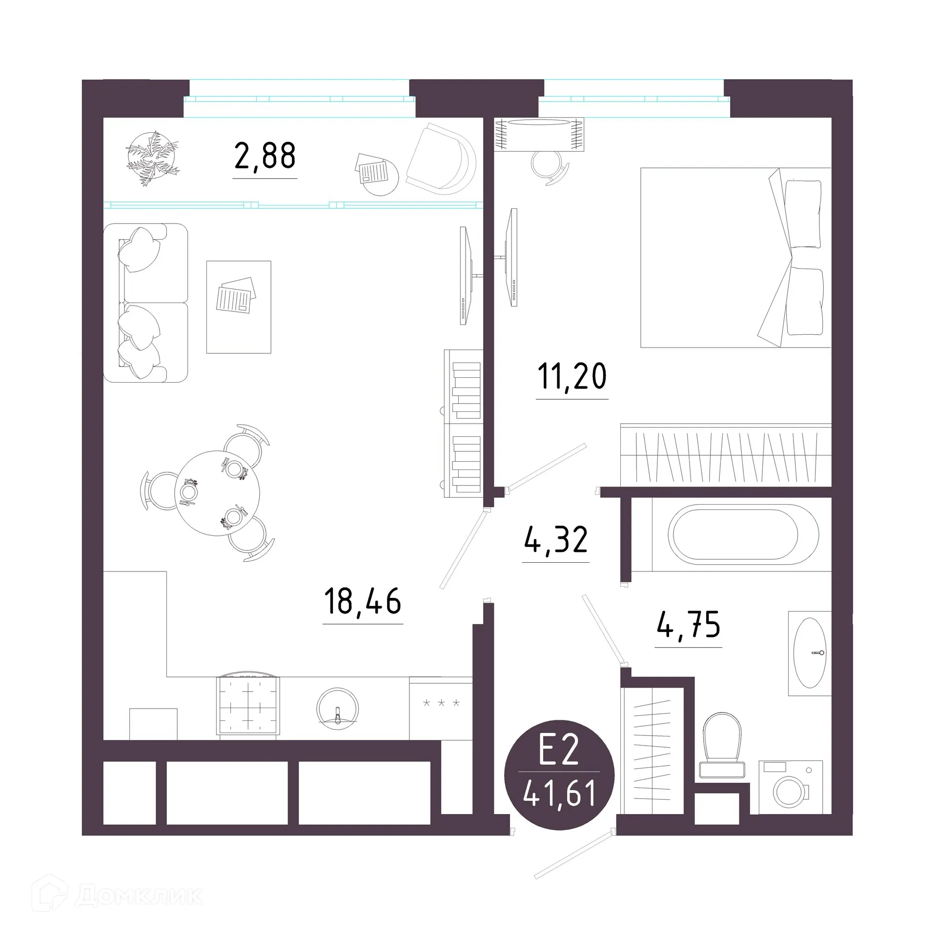 Планировка 1-комнатной квартиры 41.61 м² в ЖК Крылья, г. Рязань — фото 1