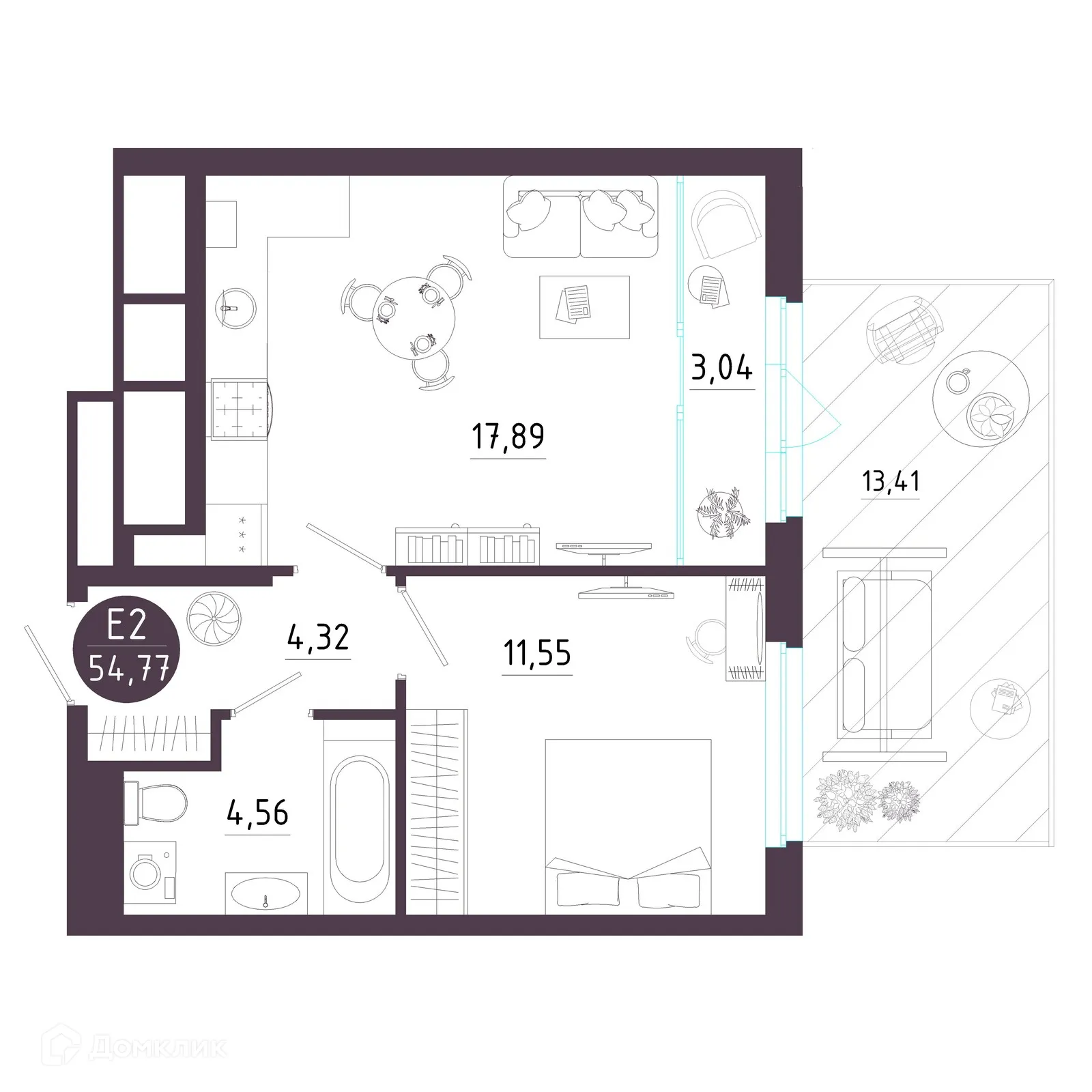 Планировка 1-комнатной квартиры 56.39 м² в ЖК Крылья, г. Рязань — фото 3