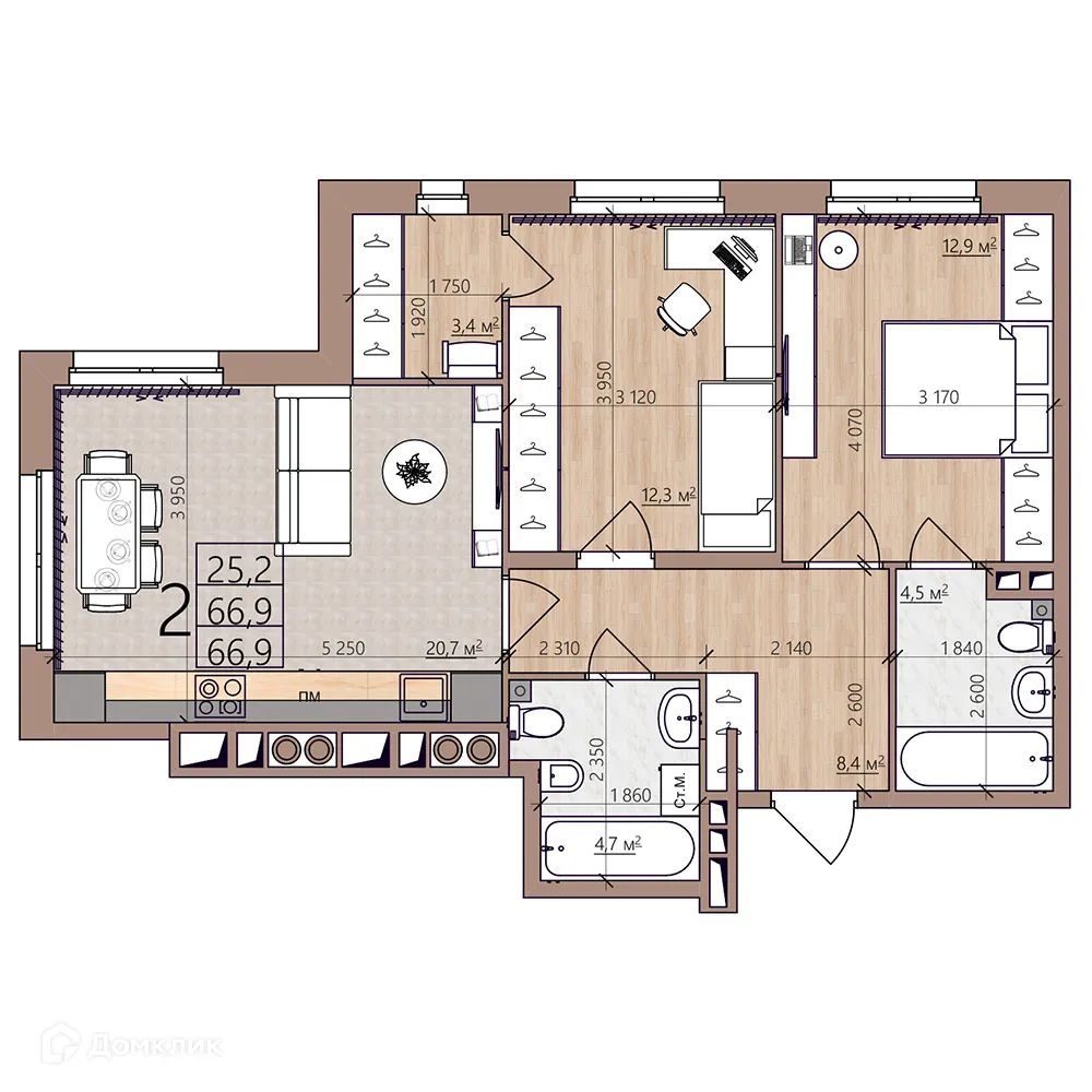 Планировка 2-комнатной квартиры 66.9 м² в ЖК Окская стрелка, г. Рязань — фото 3