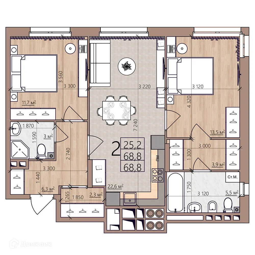 Планировка 2-комнатной квартиры 68.8 м² в ЖК Окская стрелка, г. Рязань — фото 3