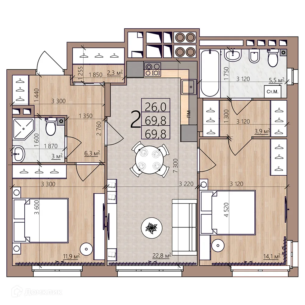 Планировка 2-комнатной квартиры 69.8 м² в ЖК Окская стрелка, г. Рязань — фото 3
